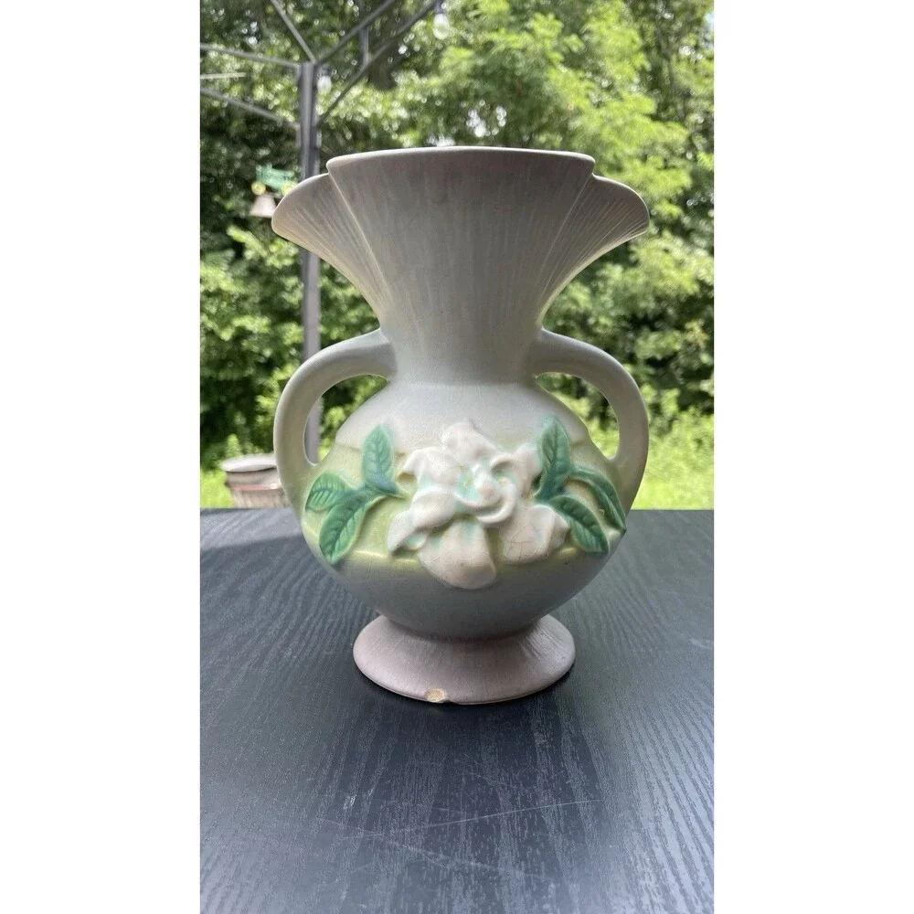 8.25in Roseville 1950s Gardenia Gray/ Purple  White Blossom Bulbous Vase #684-8